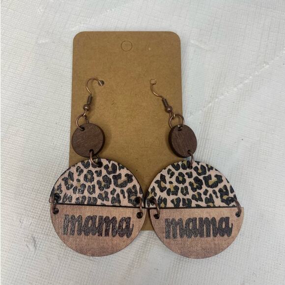 NWT Mama Leopard Brown Earrings Wood Lightweight Dangle Trendy - Picture 2 of 3